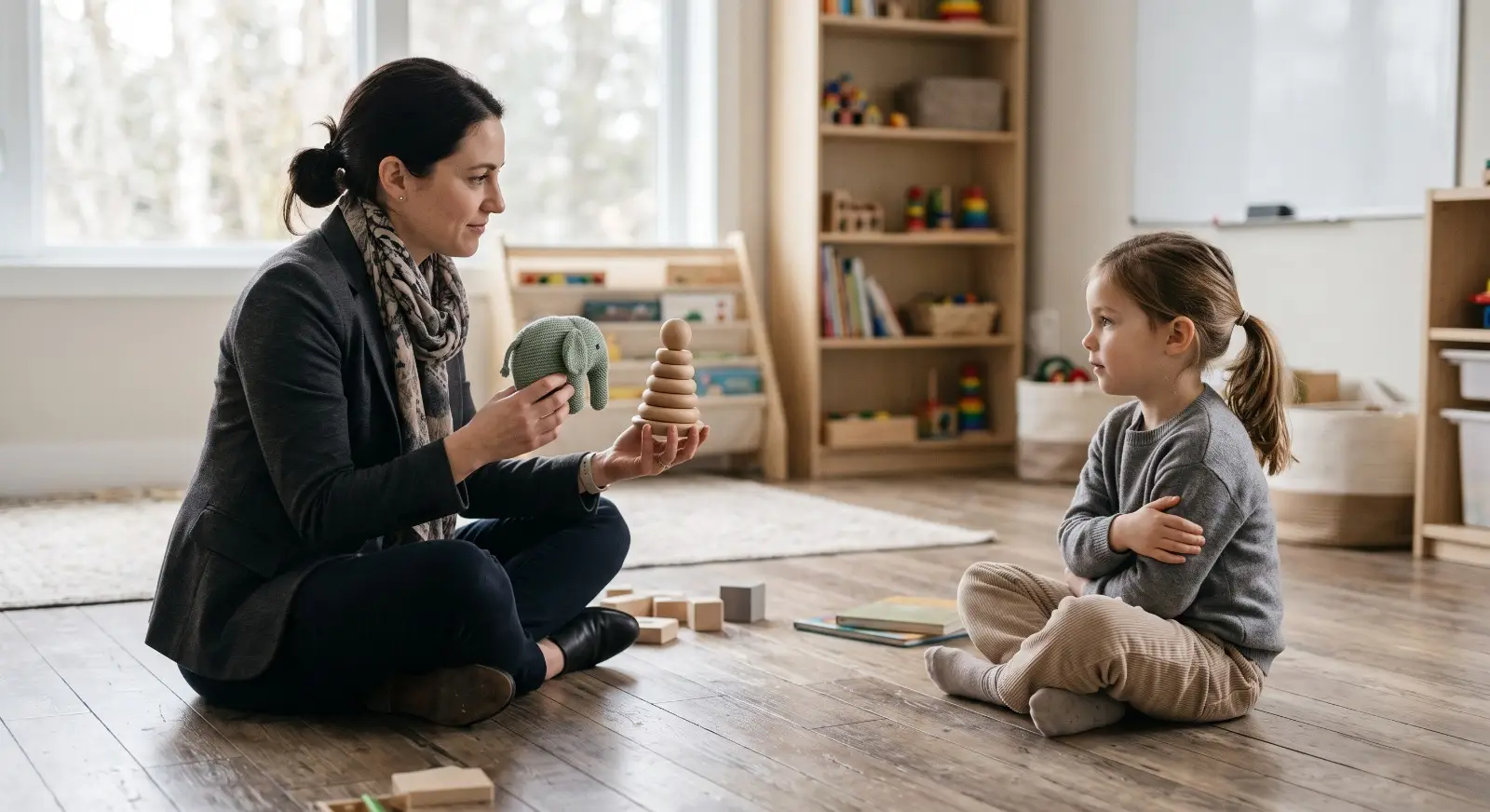 A child sits apart on the floor with arms loosely crossed but glancing over with curiosity, while a therapist sits a respectful distance away holding up two simple toy options without pushing closer.