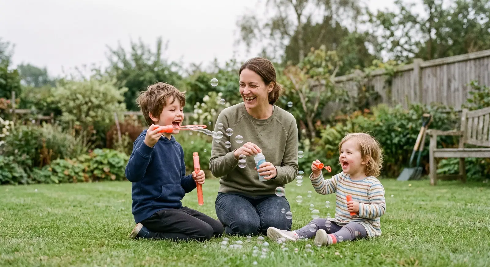 A parent, an older sibling, and a young child laugh together in the backyard while blowing bubbles into the air.