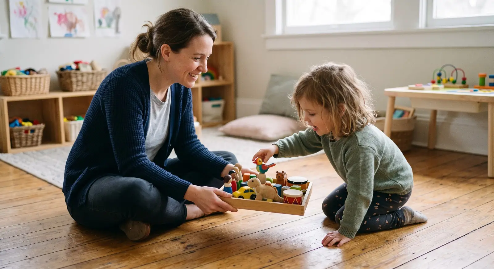 A therapist presents a small tray of varied toys to a child for the first time, the child leaning forward with curious interest and reaching toward one option.