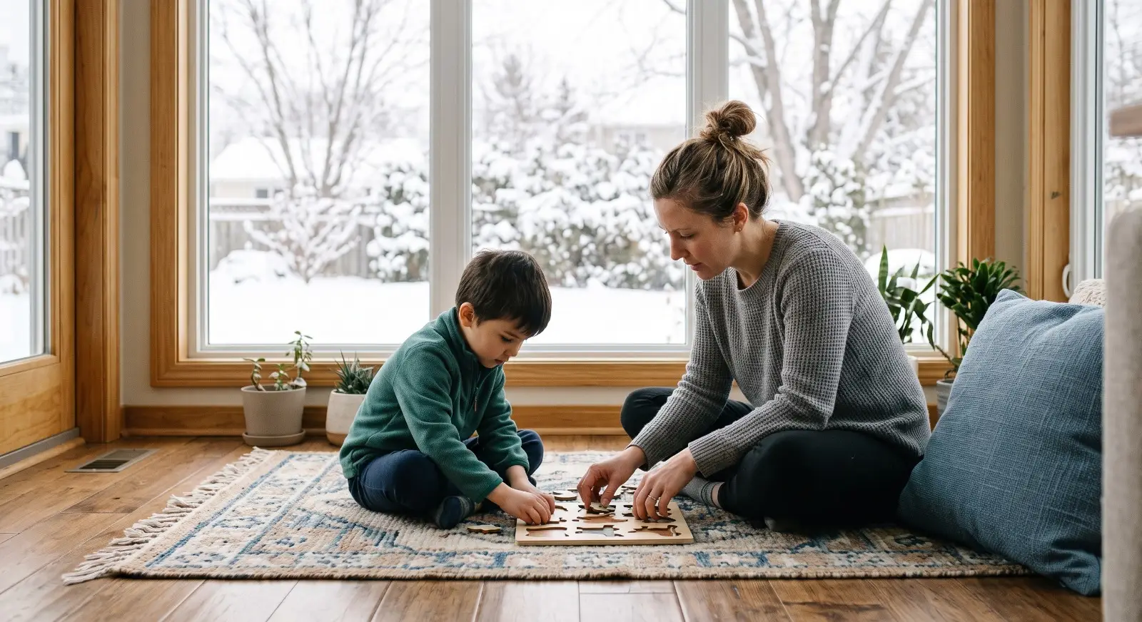 A therapist and child sit together on a rug in a bright sunroom, engaged in a shared activity, with a snowy Minnesota backyard softly blurred through the window behind them.