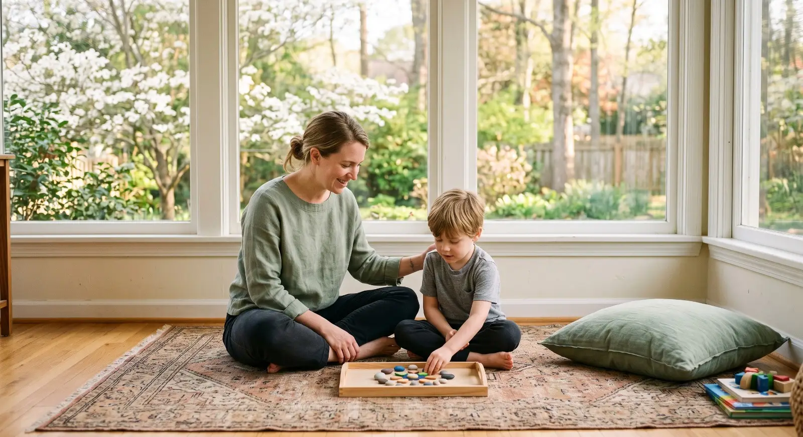 A therapist and child sit together on a rug in a bright sunroom, engaged in a shared activity, with a North Carolina backyard of blooming dogwood softly blurred through the window behind them.