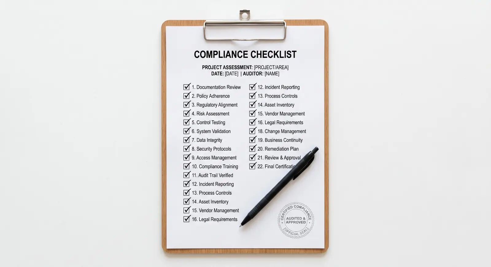 A compliance checklist on a clipboard shows every item checked off, a pen resting on the final checkmark beside a generic official seal placeholder in the corner.