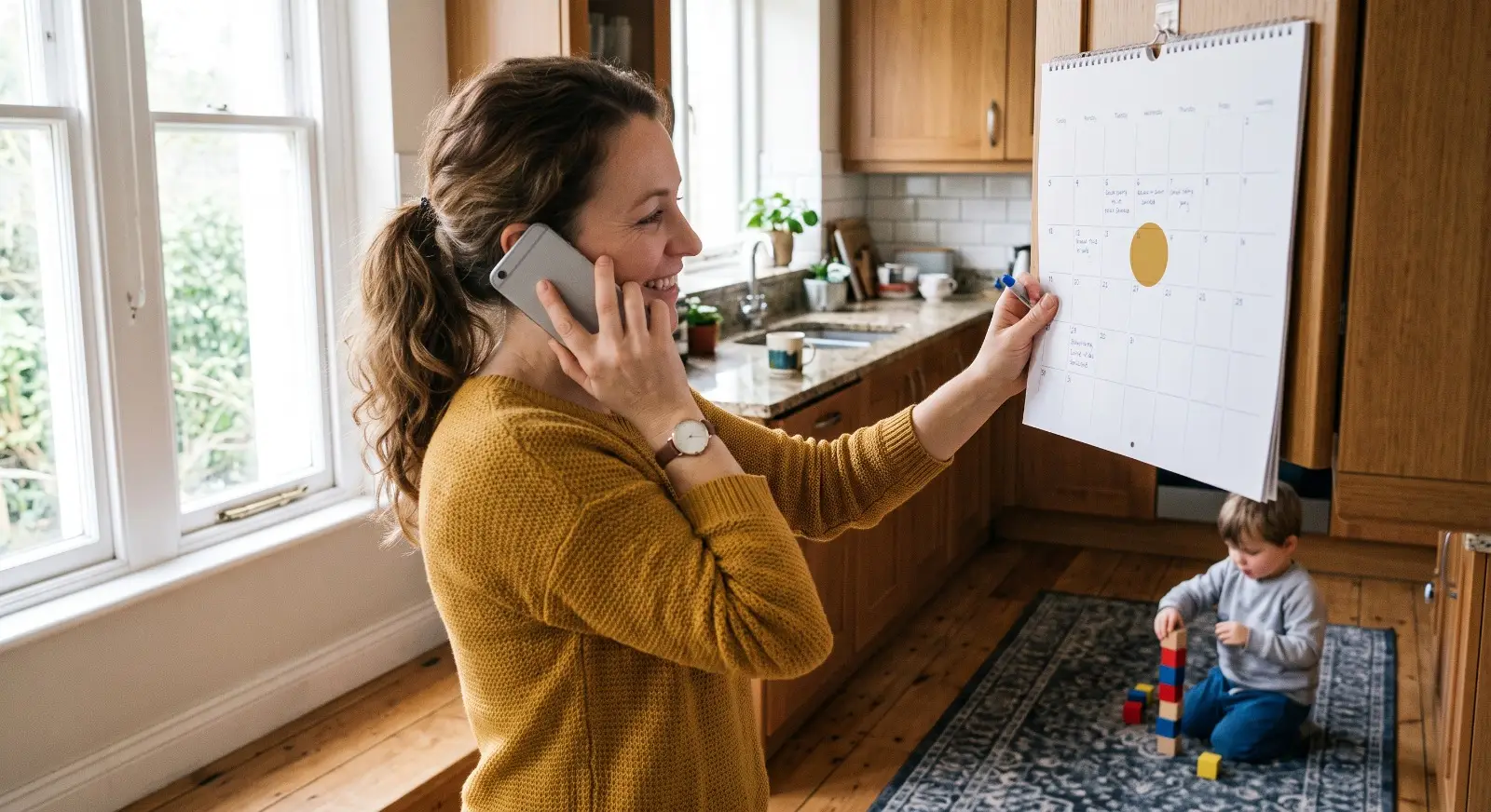 A parent smiles while on the phone at the kitchen counter, jotting a date onto a wall calendar, as a child plays quietly with blocks on the floor nearby.