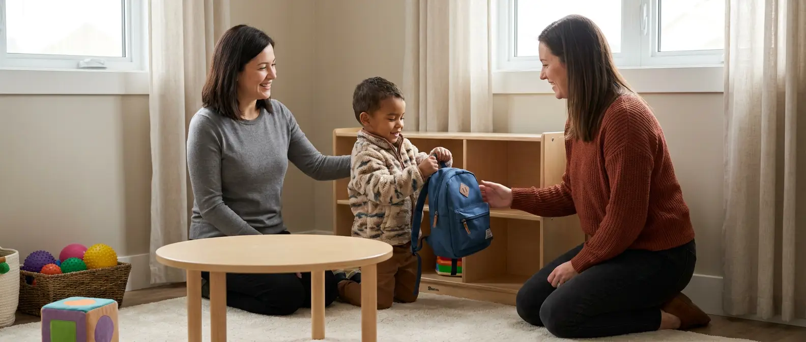 A young child about 4 years old kneels in a warm early-childhood therapy room holding a blue backpack while a smiling female therapist and parent kneel nearby, with wooden cubbies, soft daylight, and a few sensory toys visible in the room.
