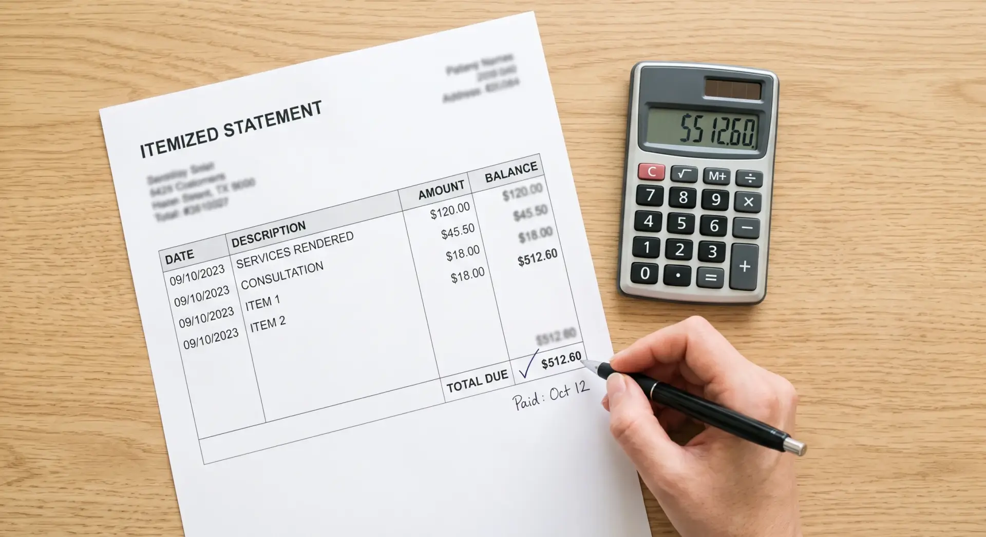 A clean, straight-down flat-lay photograph of an itemized statement page beside a small calculator and a pen, a hand resting on the pen mid-note. Even, bright, high-key lighting, minimal shadow. Neutral palette of white paper, grey and black ink; printed figures kept indistinct. Practical, clear, reassuring-but-informational mood. No readable brand text or logos.