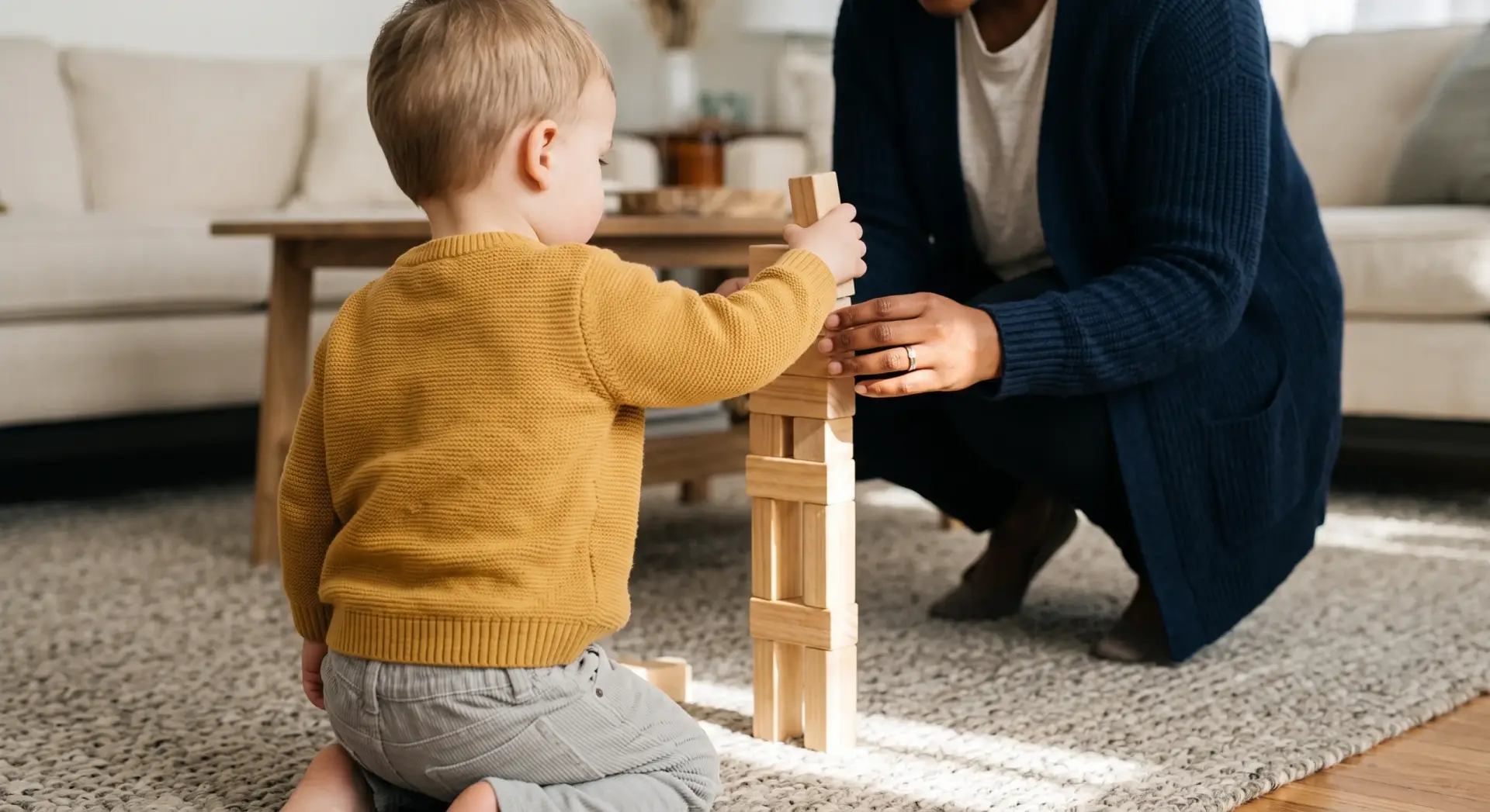 A candid photograph of a Black female therapist and a young white toddler building a tall wooden block tower together on a living-room rug, the therapist's hands steadying the child's as he sets a block. Over-the-shoulder vantage from just behind the child, tight crop, faces mostly out of frame. Shallow depth of field, softly blurred room behind. Bright, clear, direct morning sunlight falling in a clean patch across the floor — crisp but not blown out, no haze. Warm muted palette of honey wood and greige with a single mustard-yellow accent (the child's sweater). Natural, unposed, quietly hopeful. No text, no logos, no harsh shadows; leave the top corners uncluttered.