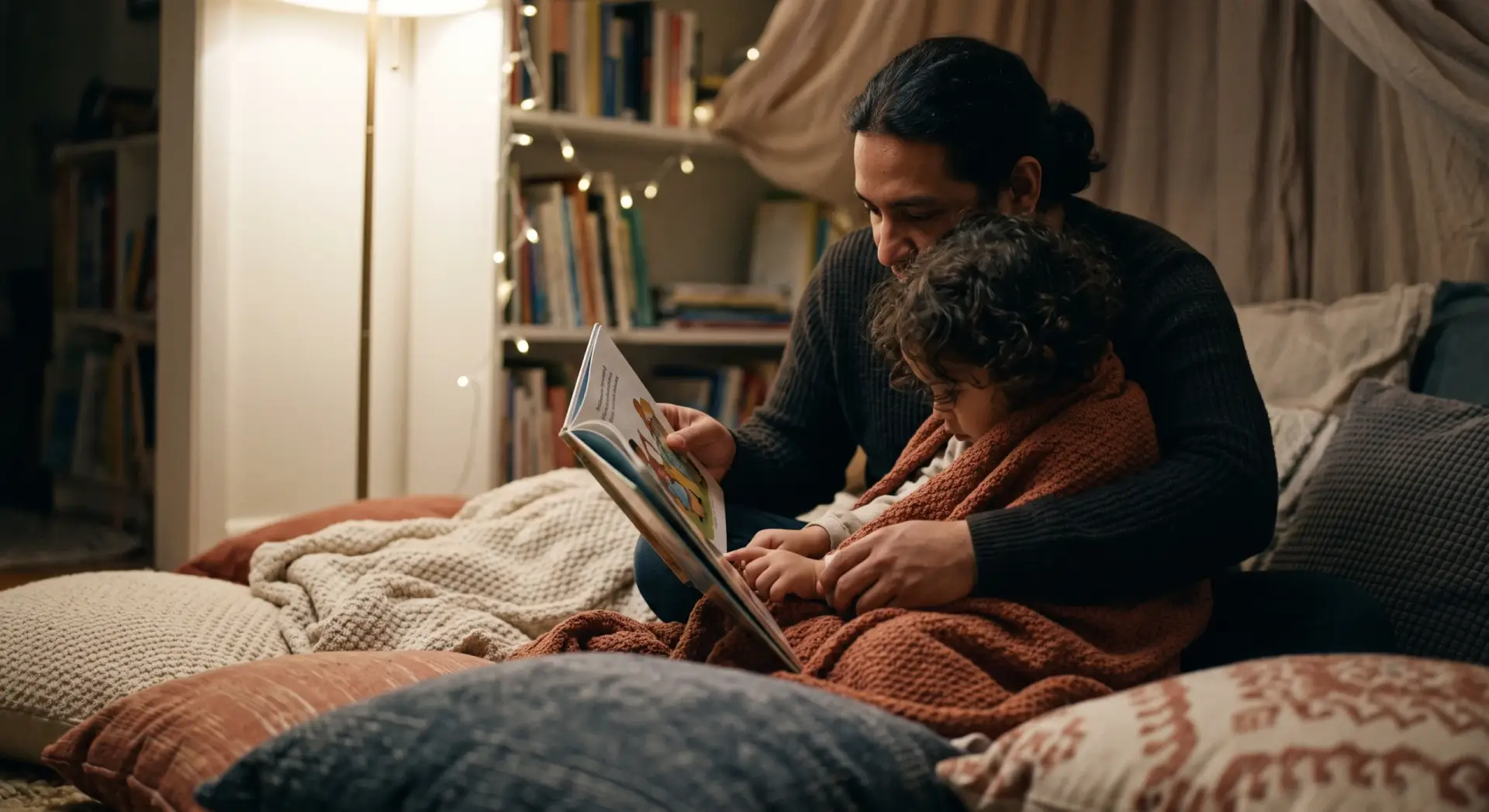 A candid photograph of a Latino parent and a young child reading a picture book together, nestled among floor cushions in a cozy reading nook — no window in frame. Low angle from floor level looking slightly up, faces partly hidden behind the book, emphasis on the child leaning into the parent. Shallow depth of field, softly blurred background. Warm, low-key light from a single nearby floor lamp, evening feel. Muted palette of deep brown and cream with a terracotta accent (a throw blanket). Tender, intimate, unposed. No text, no logos, no harsh shadows; leave top corners uncluttered.