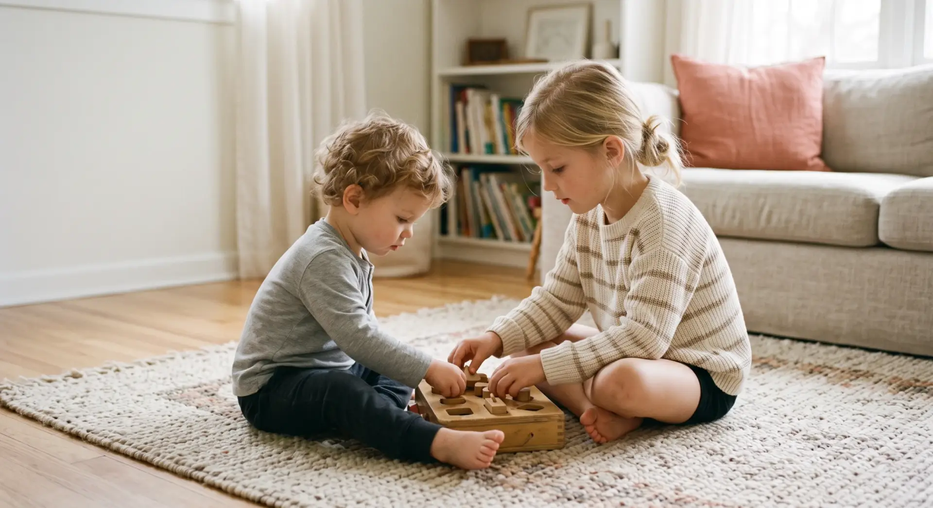 A candid photograph of two young white siblings playing side by side on a rug, an older sibling guiding a younger one's hands on a shared toy. Slightly elevated, wider environmental vantage taking in part of the room, faces in profile or turned down. Shallow depth of field. Bright, clear natural daylight filling the room evenly — airy but crisp, not blown out. Warm neutral palette of oatmeal and pale wood with a muted coral accent (a cushion). Candid, warm, quietly hopeful. No text, no logos, no harsh shadows; keep the top corners uncluttered.