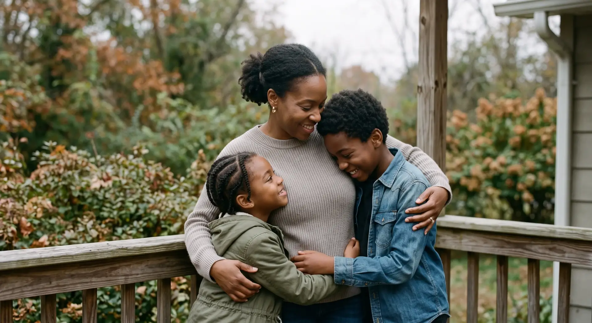 A candid photograph of a Black family — a parent with two children — leaning into a loose group embrace outdoors on a back porch. Three-quarter waist-up crop, faces turned toward each other rather than the camera, weight carried by arms and posture. Shallow depth of field, softly blurred greenery behind. Flat, soft, grey overcast outdoor daylight — even and cool, no sun glare. Muted palette of warm greige and olive with a soft lake-blue-grey accent (a denim shirt). Warm, unposed, safe. No text, no logos, no harsh shadows; leave the top corners clear.
