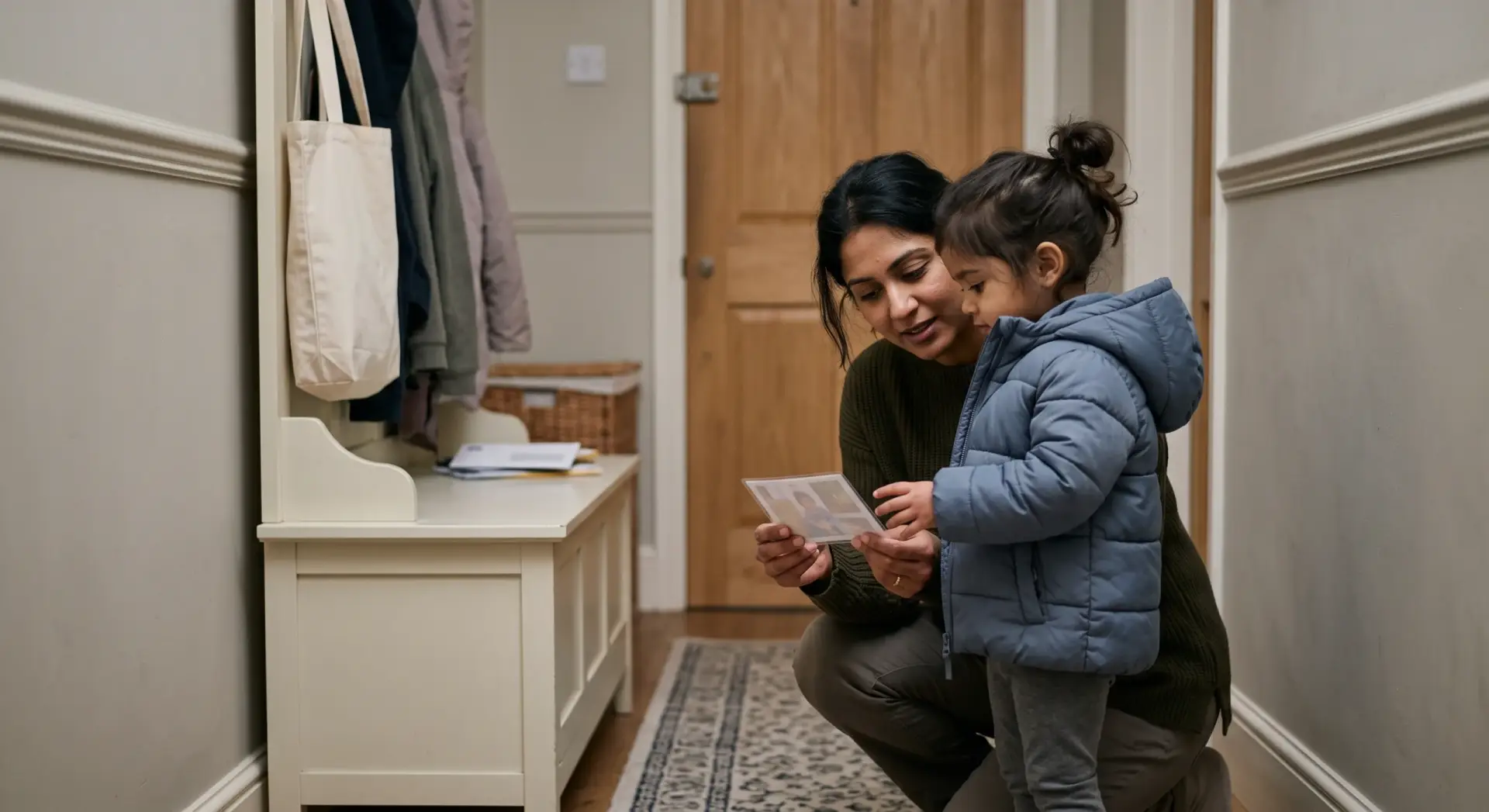 A candid photograph of a South Asian parent kneeling to child height in an entry hallway, gently holding a small picture card and reassuring their child before heading out — no window in frame. Eye-level, tight two-shot, faces mostly turned away, emphasis on the parent's steadying hands. Shallow depth of field. Soft, even, diffused indoor light with no glare and no warm cast. Muted greige and cream palette with a dusty-blue accent (the child's jacket). Calm, reassuring, unposed. No text, no logos, no harsh shadows; keep top corners uncluttered.