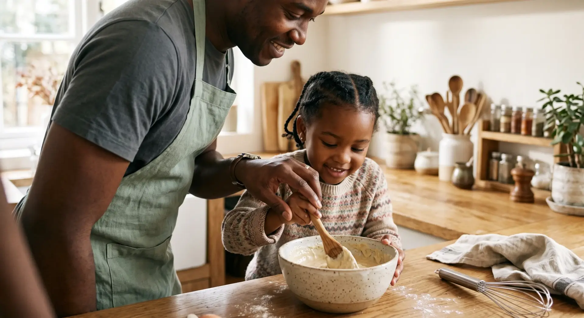 A candid photograph of a Black parent and young child at a kitchen counter stirring a bowl together, the parent's hand over the child's on the spoon. Slightly elevated over-the-shoulder crop, faces turned down toward the bowl. Shallow depth of field. Bright, clear natural daylight, airy and crisp. Muted palette of warm white and wood with a sage-green accent (an apron). Warm, everyday, quietly hopeful. No text, no logos, no harsh shadows; keep top corners uncluttered.