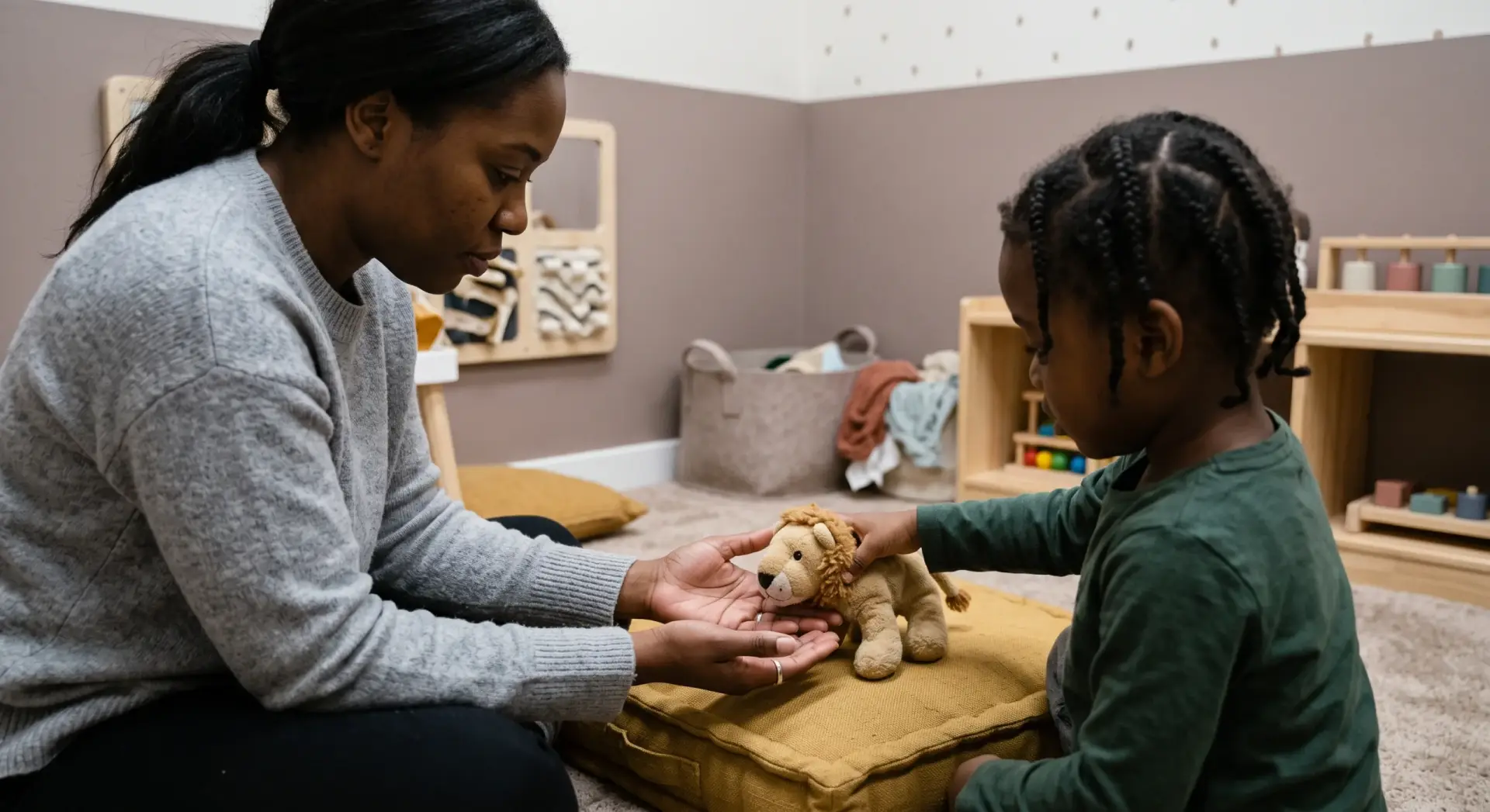 A candid photograph of a therapist and a young Black child seated on the floor of a therapy playroom corner doing a turn-taking activity with soft toys — no window in frame. Three-quarter angle, tight on hands and the shared toy, faces turned away. Shallow depth of field. Soft, even, diffused indoor light, cool and gentle, no glare or warm cast. Muted taupe and off-white palette with a mustard accent (a floor cushion). Calm, warm, unposed. No text, no logos, no harsh shadows; leave top corners clear.