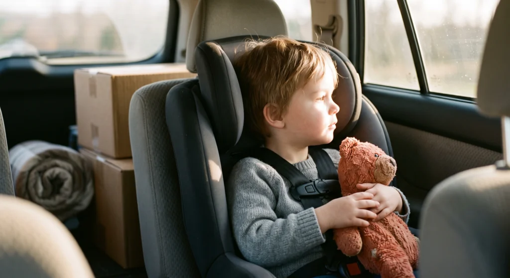 A candid photograph of a young white child buckled in a car back seat on moving day, clutching a favorite stuffed toy, a couple of packed boxes softly blurred beside them. Close three-quarter crop from the seat alongside the child, face turned to look out the window. Shallow depth of field. Warm late-afternoon sunlight coming softly through the car window. Muted palette of grey upholstery and warm skin tones with a terracotta accent (the stuffed toy). Quiet, tender, in-between-moment mood. No text, no logos, no harsh shadows; keep top corners uncluttered.