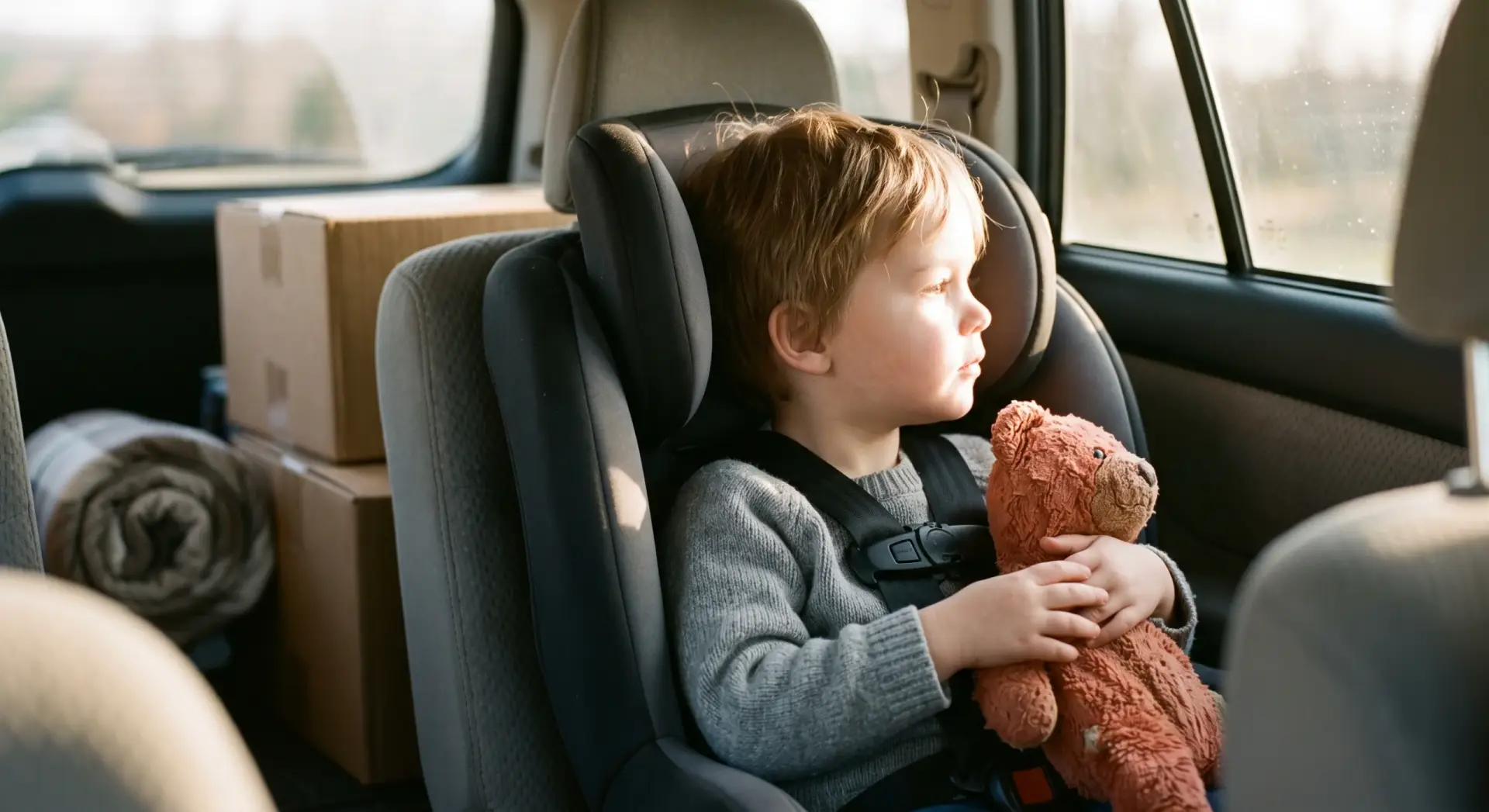 A candid photograph of a young white child buckled in a car back seat on moving day, clutching a favorite stuffed toy, a couple of packed boxes softly blurred beside them. Close three-quarter crop from the seat alongside the child, face turned to look out the window. Shallow depth of field. Warm late-afternoon sunlight coming softly through the car window. Muted palette of grey upholstery and warm skin tones with a terracotta accent (the stuffed toy). Quiet, tender, in-between-moment mood. No text, no logos, no harsh shadows; keep top corners uncluttered.