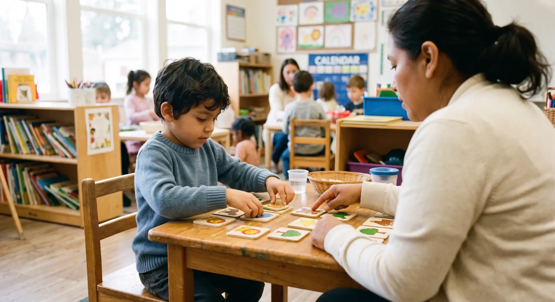 A candid photograph of a Latino child and a supportive adult aide working together at a small low table in a bright school corner, doing a simple matching task. Over-the-shoulder vantage, tight on the table and hands, faces turned away; warm and un-clinical, no medical props. Shallow depth of field, softly blurred classroom behind. Bright, clear daylight, crisp and even. Muted palette of warm wood and cream with a dusty-blue accent (the child's jumper). Encouraging, candid, gentle. No text, no logos, no harsh shadows; leave top corners clear.